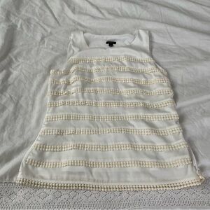 Ann Taylor Sz 8 Women's Sleeveless Crochet Stripe Top Cream White pom poms